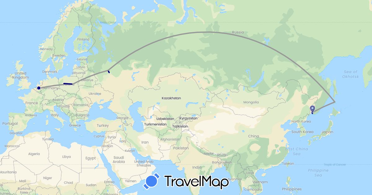 TravelMap itinerary: driving, plane in Belgium, Poland, Russia (Europe)